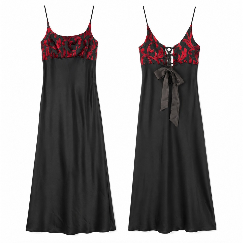 VTG Rampage Maxi Dress 5 M Goth Whimsigoth Red Velvet Flocked Satin Lace Up Prom